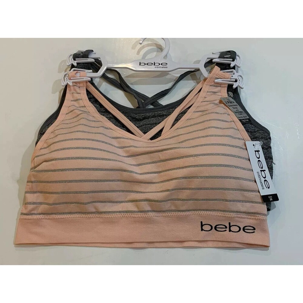 Bebe Womens Sport Bra 2 Pack Lurex Striped Seamless Comfort Size 1X